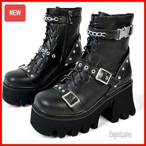 Goth Platform Ankle Boots with Buckle Zipper Chunky Heel Punk Shoes